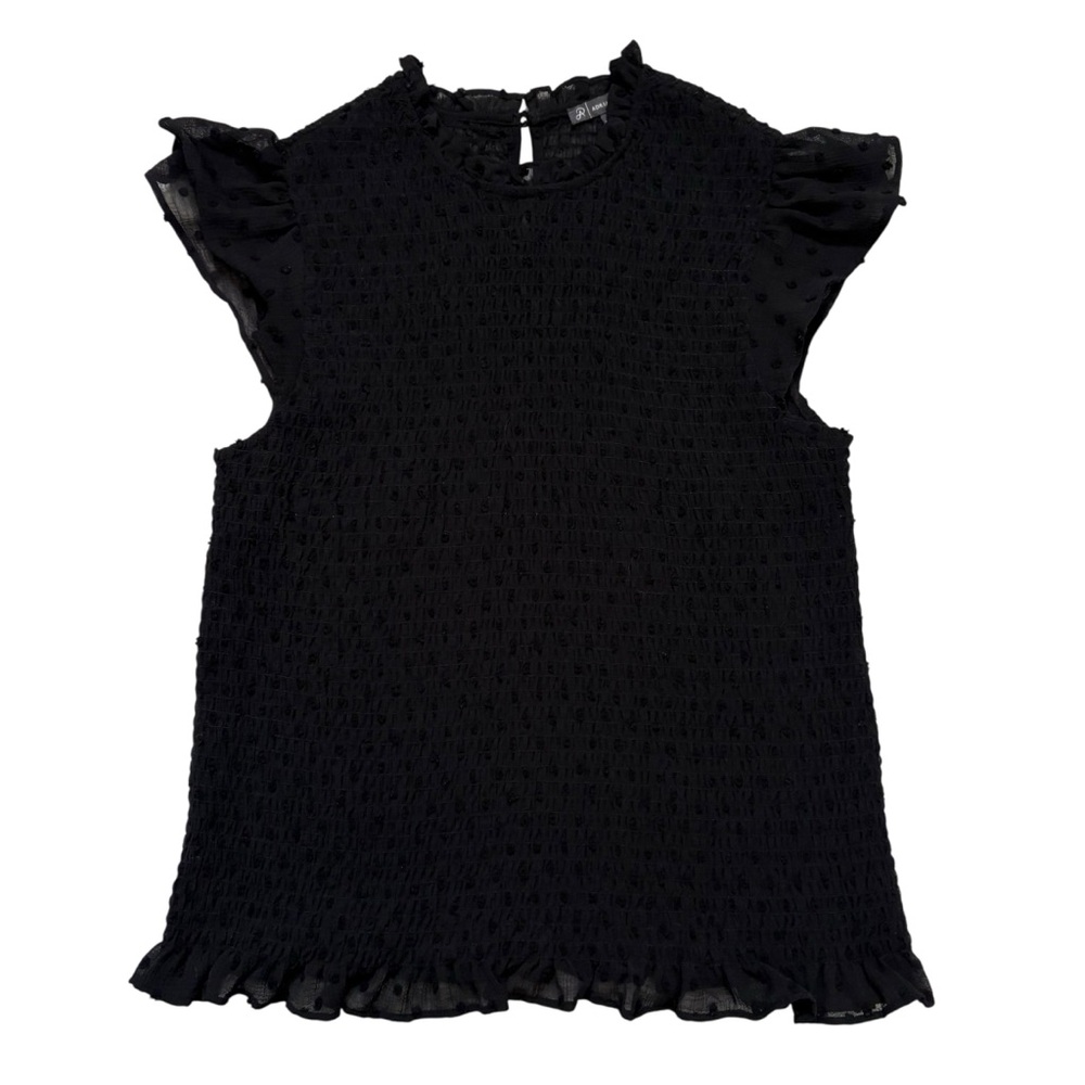 Adrianna Papelle Black Sheer Smocked Polka Dot Ruffled Cap Sleeve Top Medium